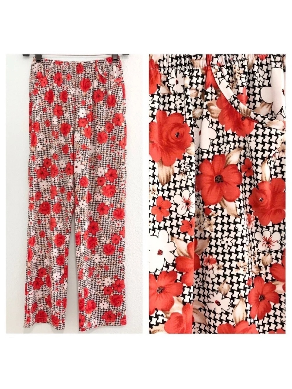 Vtg 70s Floral Straight Leg High Waisted Pants Size XS